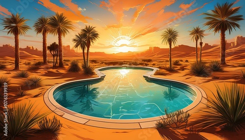 A sprawling golden desert under a vibrant sunset sky