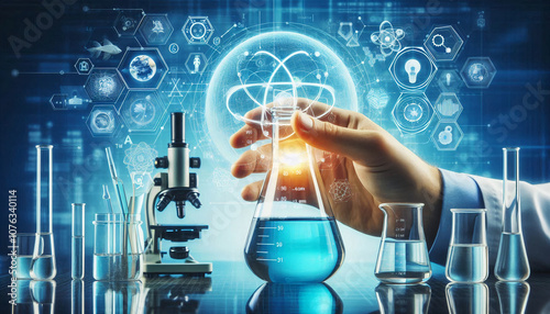 Hand holding a beaker with laboratory equipment in a scientific research setting