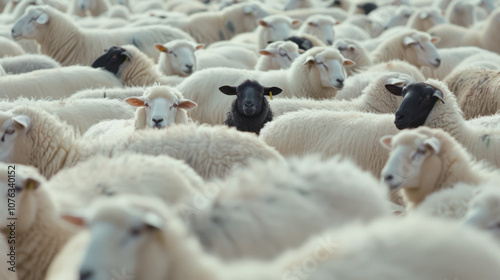 A surreal black sheep standing among an endless flock of white sheep with heads down and eyes closed, symbolizing individuality, purity, and contemplation amidst a vast crowd of identical beings.