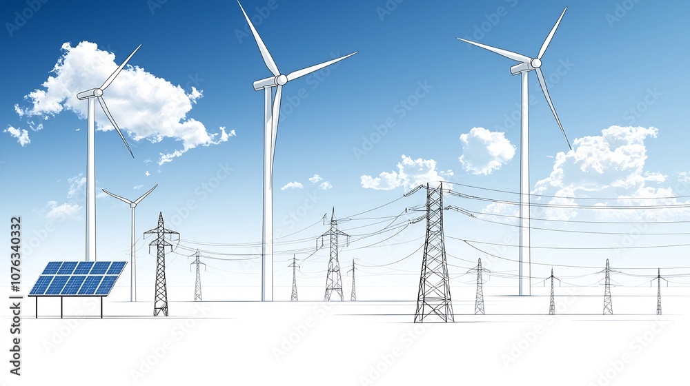 Comprehensive set of line icons focused on the energy sector including wind turbines solar panels and power lines Comprehensive set of line icons focused on the energy sector including wind turbines solar panels and power lines