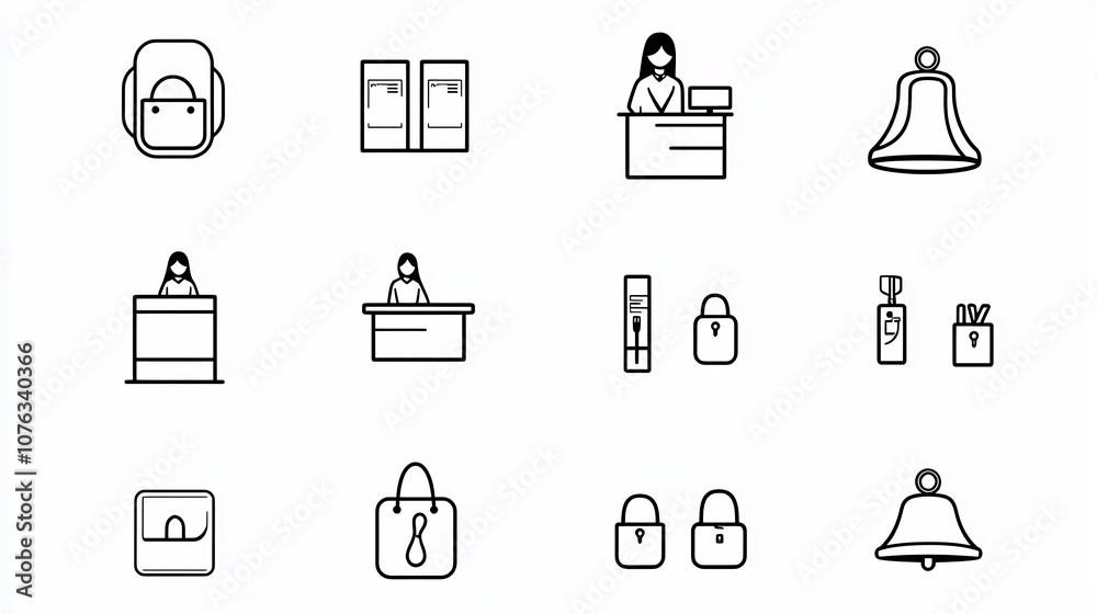 Minimalist featuring a collection of line icons and design elements for a hotel reception area including a reservation counter receptionist hotel bell and other related hotel hospitality symbols Minimalist featuring a collection of line icons and design elements for a hotel reception area including a reservation counter receptionist hotel bell and other related hotel hospitality symbols