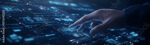 A hand is delicately interacting with a glowing, high-tech circuit board, showcasing advancements in digital technology and electronics.