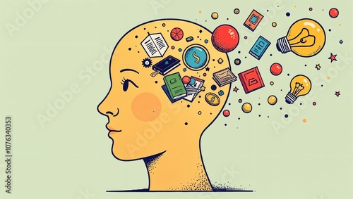 a close-up of a human head drawn, with thoughts flying out of it, drawn in the form of different pictures, books, light bulbs, money, telephones, balls.
