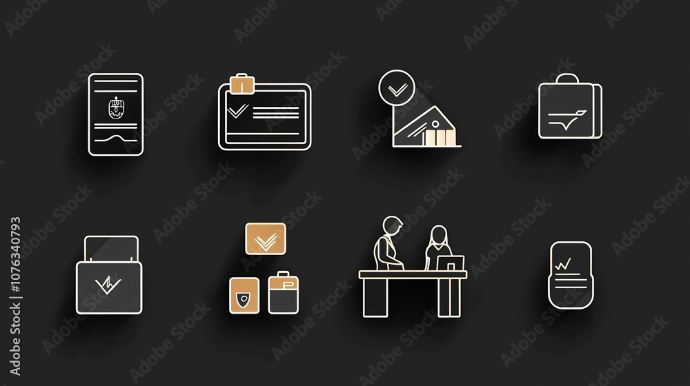 Set of icons representing guest check in receptionist and reservation desk in a clean minimalist line style Editable stroke perfect for hotel hospitality and customer service interface design Set of icons representing guest check in receptionist and reservation desk in a clean minimalist line style Editable stroke perfect for hotel hospitality and customer service interface design