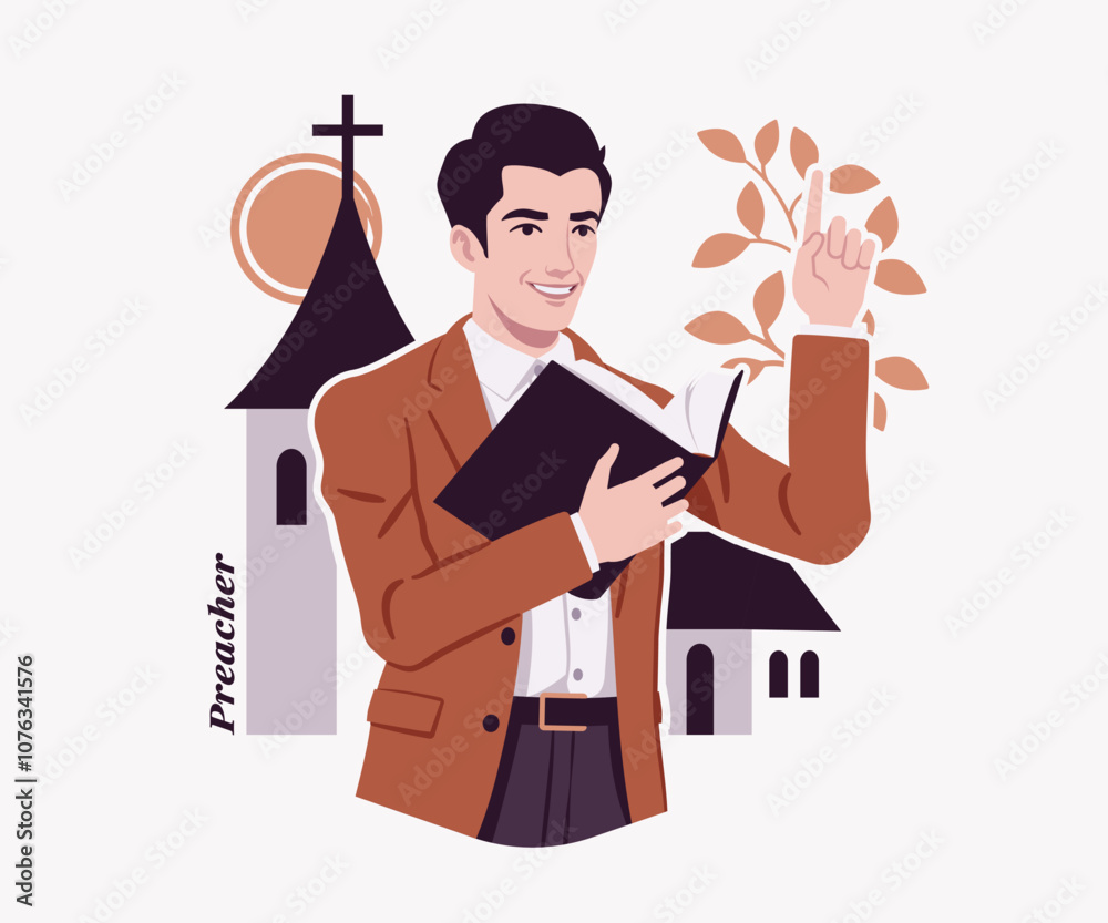 Preacher man, young priest or minister giving religious church speech sermon, pastor reading book, modern design for art magazine, blog, graphic advertisement, digital social media illustration Preacher man, young priest or minister giving religious church speech sermon, pastor reading book, modern design for art magazine, blog, graphic advertisement, digital social media illustration