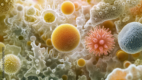 A detailed microscopic view of various pollen grains, spores, and microorganisms, showcasing intricate textures and forms in a vibrant, biological scene.