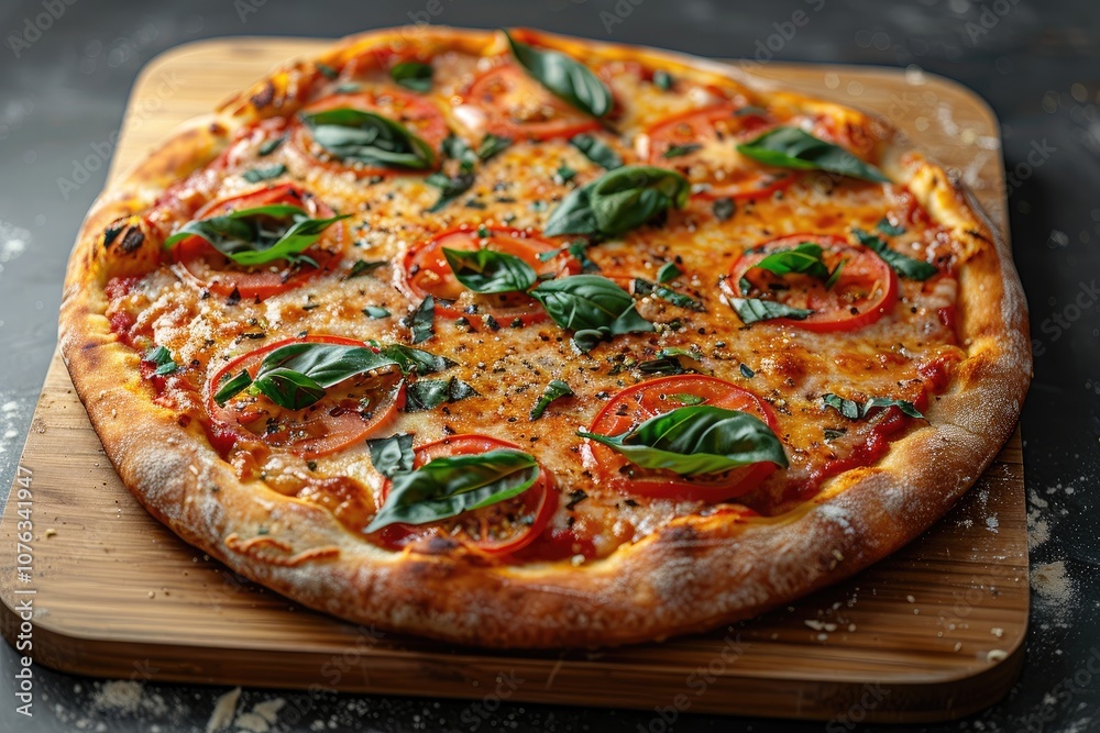 Close-up of a Pizza with Tomato, Cheese, and Basil on a Wooden Board