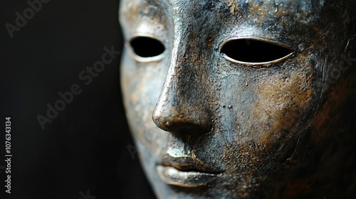 The mask is made of metal, completely covering the face, leaving only the eyes visible, which often emphasize his gaze, full of wisdom and sadness