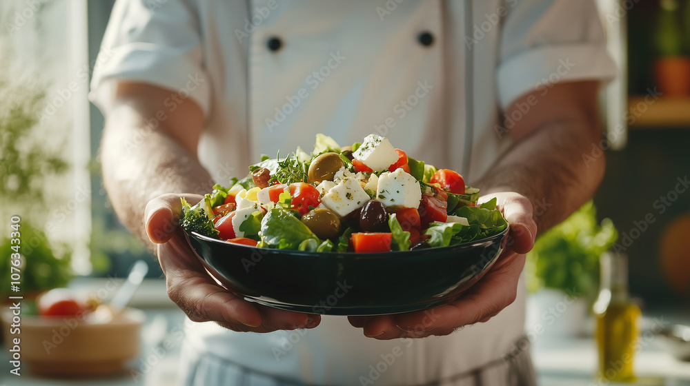 Close-up of a fresh Greek salad served by a chef, featuring feta cheese, tomatoes, olives, cucumbers, and herbs, representing healthy Mediterranean cuisine. Close-up of a fresh Greek salad served by a chef, featuring feta cheese, tomatoes, olives, cucumbers, and herbs, representing healthy Mediterranean cuisine.