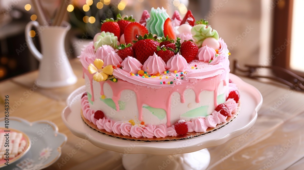 Photography of a close-up of a plate with a slice of birthday cake, adorned with sprinkles and a small birthday candle, set on a decorated table with other party treats for the birthday celebration Photography of a close-up of a plate with a slice of birthday cake, adorned with sprinkles and a small birthday candle, set on a decorated table with other party treats for the birthday celebration