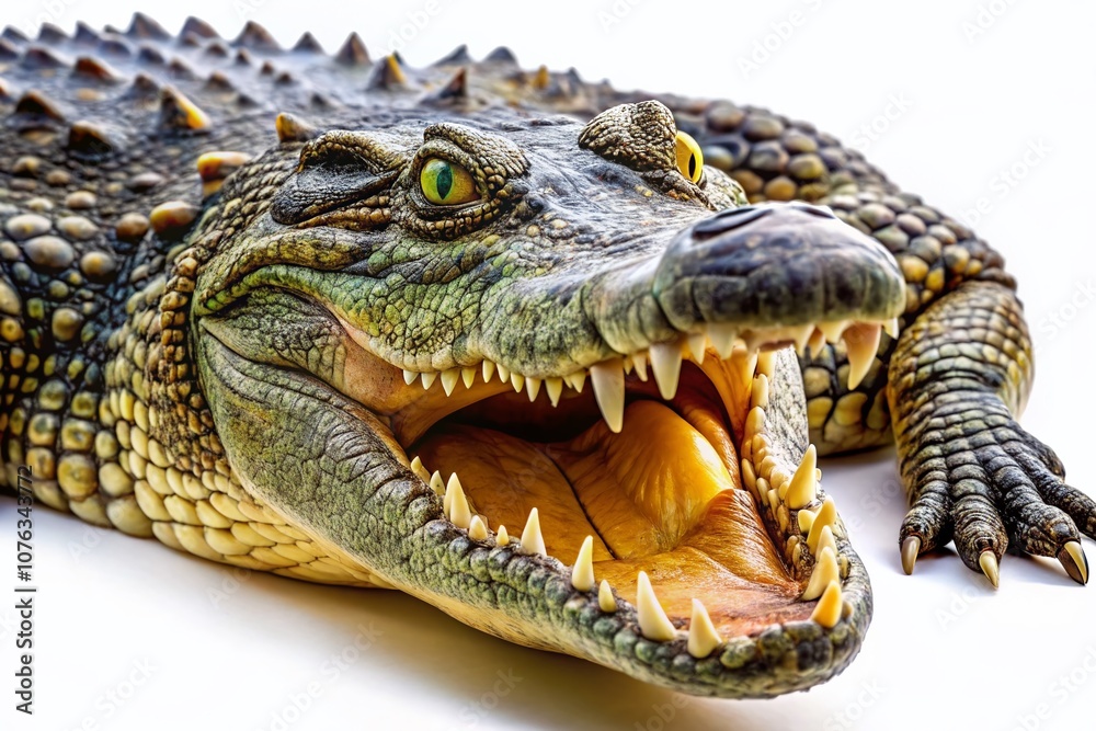 Obraz premium A Captivating Aerial Close-Up of a Crocodile's Textured Skin and Menacing Features on a Pure White Background for Wildlife and Nature Photography Enthusiasts