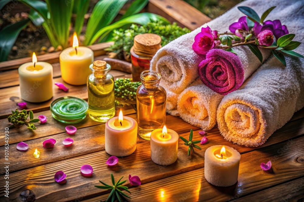 Aerial Photography of Spa Relaxation with Rolled Towels, Essential Oils, and Candles for Tranquil Wellness Atmosphere Aerial Photography of Spa Relaxation with Rolled Towels, Essential Oils, and Candles for Tranquil Wellness Atmosphere