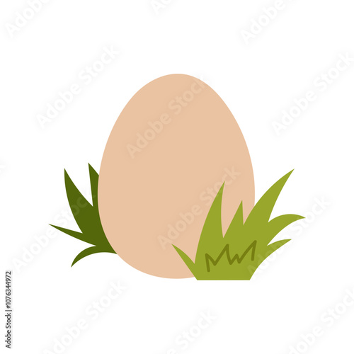 Chicken egg in green grass. Domestic bird egg in flat style on white background. 