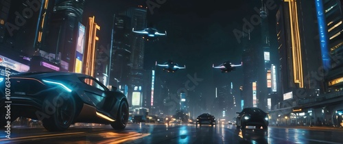 Futuristic cityscape at night with flying cars and neon lights photo