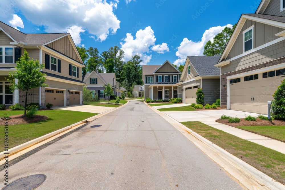 A peaceful suburban street in Atlanta showcases new two-story homes with garages, well-kept lawns, and a brilliant blue sky above, creating a serene atmosphere. A peaceful suburban street in Atlanta showcases new two-story homes with garages, well-kept lawns, and a brilliant blue sky above, creating a serene atmosphere.
