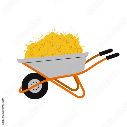 Garden or farm wheelbarrow. Food for pets. A wheelbarrow full of dry hay. Flat vector illustration on white background. 