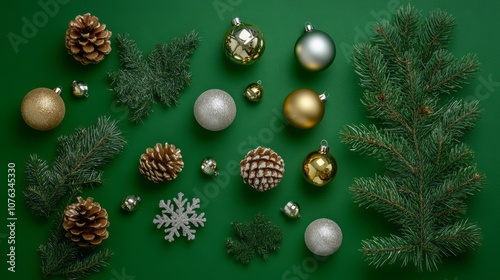 Top view of gold and silver christmas tree ornaments with pine branches on green background, featuring festive cones, snowflakes, bells, and serpentine ribbons, perfect for a stylish and creepy christ