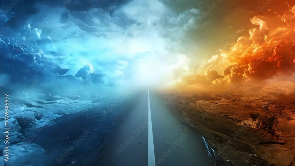 A road divides two contrasting landscapes—one side cold and icy, the other warm and fiery, symbolizing opposites.