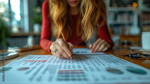 Wallpaper Mural woman in red shirt reviews financial documents at wooden desk, focusing intently. scene is set in cozy office environment with blurred background details Torontodigital.ca