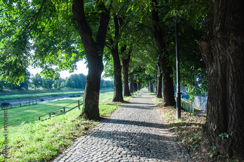 View of quay in Pirot city next to Nisava river, Serbia. No people.