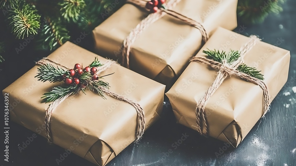 Three Rustic Brown Gift Boxes with Twine and Evergreen Sprigs Three Rustic Brown Gift Boxes with Twine and Evergreen Sprigs