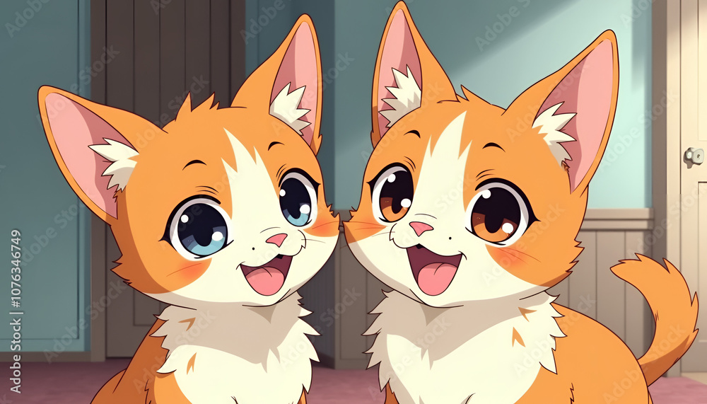 Fototapeta premium Two happy orange cats smiling together in a bright indoor setting with copy space