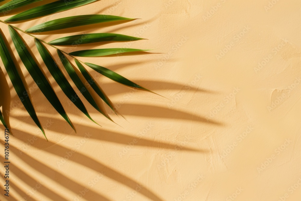 Obraz premium Soft shadows of palm leaves stretch across a pale sandy backdrop, creating an atmosphere of tranquility and warmth, perfect for summer relaxation and dreaming of vacations.