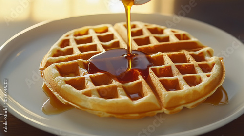 Maple syrup runs on golden brown waffle


 photo