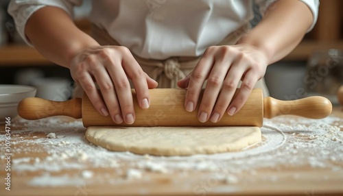 Close up detail of female woman hands rolling dough with wooden rolling pin against blurry kitchen background, baking and pastry