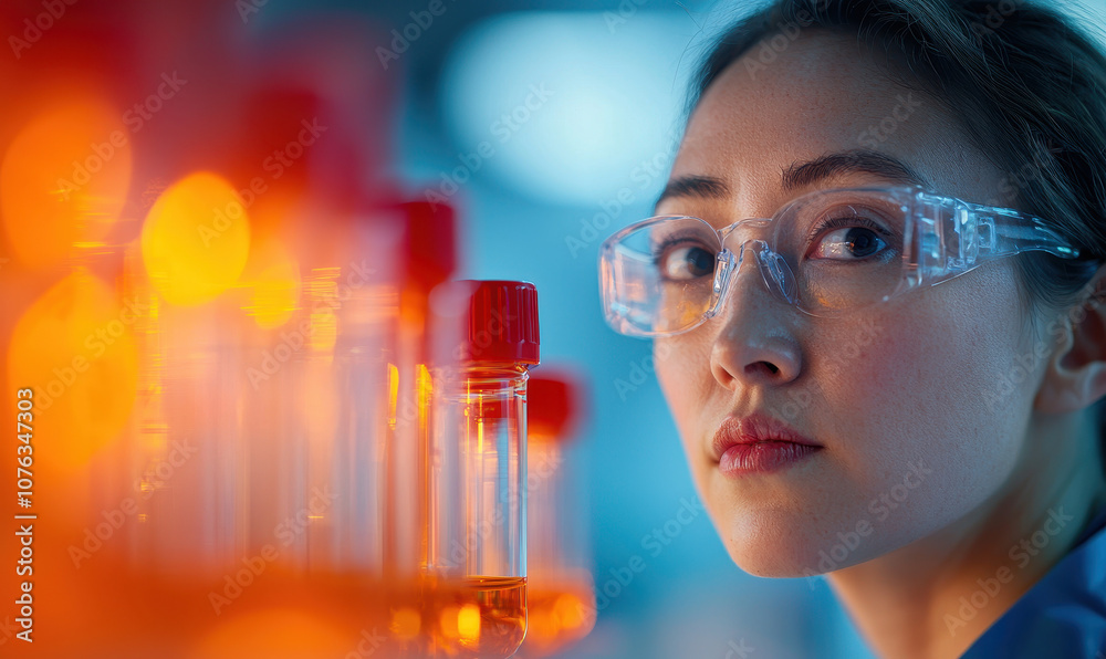 Focused Researcher in a Laboratory Setting with Protective Eyewear and Test Tubes