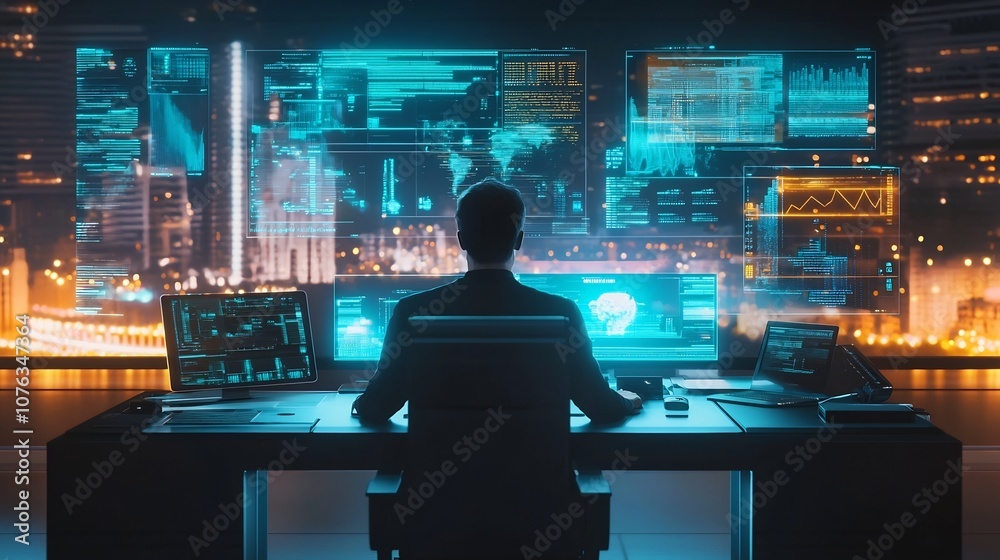 Futuristic Glowing Home Office Setup with Interactive Holographic Screens Blending Personal and Professional Efficiency Futuristic Glowing Home Office Setup with Interactive Holographic Screens Blending Personal and Professional Efficiency