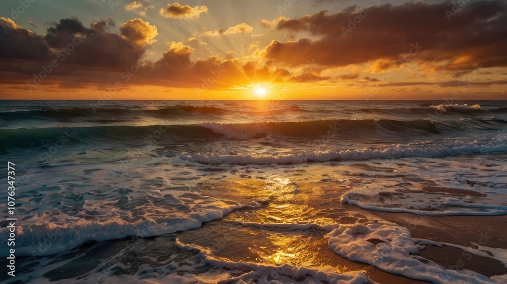 Obraz premium Beautiful sunset casting a warm glow on the ocean waves