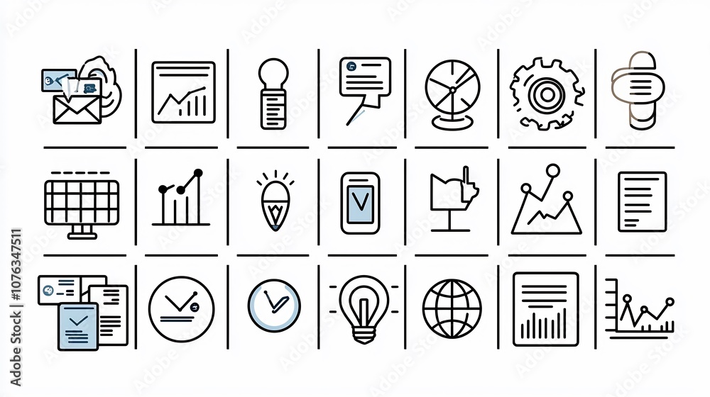 Collection of 60 outline icons depicting modern business concepts including digital marketing investment growth and organizational strategies in a minimal style Collection of 60 outline icons depicting modern business concepts including digital marketing investment growth and organizational strategies in a minimal style