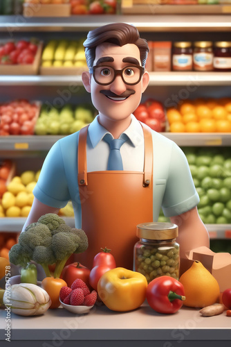 3d illustration of Grocer man isolated on market backgroundshopping consept photo