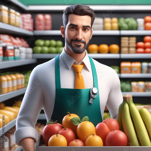 3d illustration of Grocer man isolated on market backgroundshopping consept photo