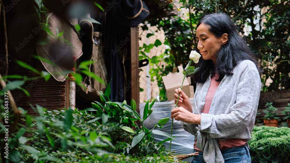 Gardener smelling white rose flower in garden