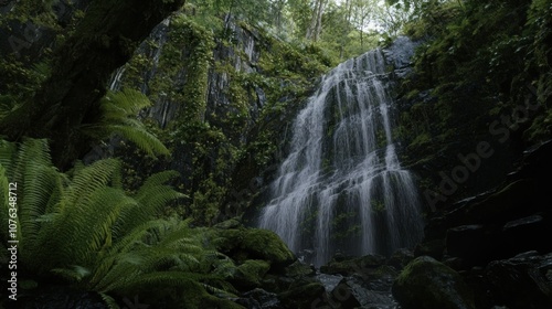 Waterfall Cascading Through Lush Green Forest