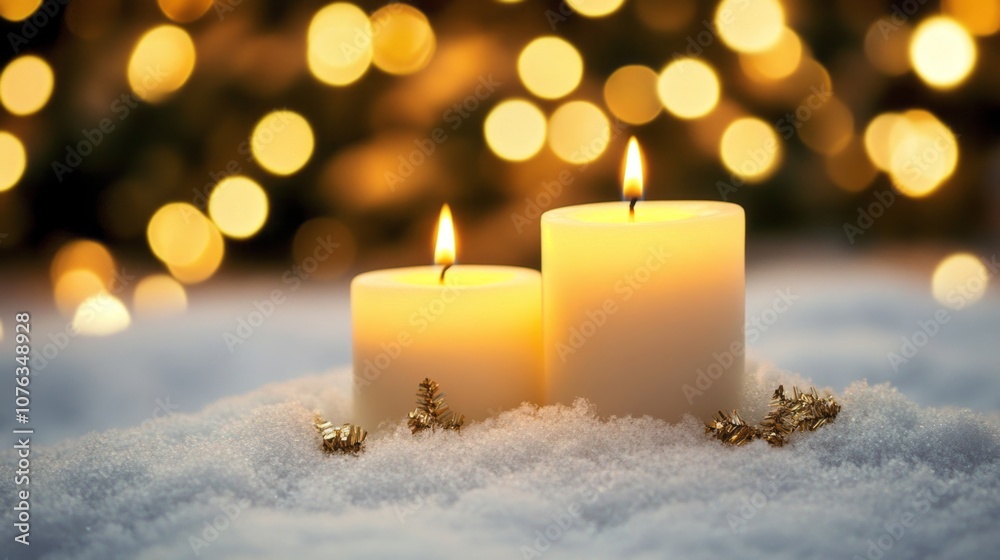 Festive christmas scene with two white candles adorned in seasonal decorations on snowy background, softly illuminated by warm twinkling holiday lights Festive christmas scene with two white candles adorned in seasonal decorations on snowy background, softly illuminated by warm twinkling holiday lights