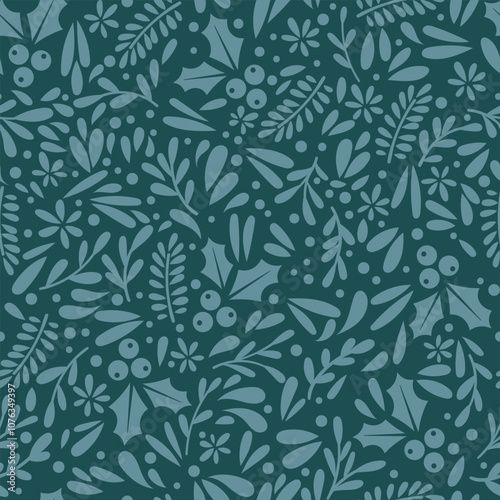 Christmas foliage vector pattern, seamless repeating holly ilex berry print, festive winter holiday wallpaper or wrapping design, duotone tile