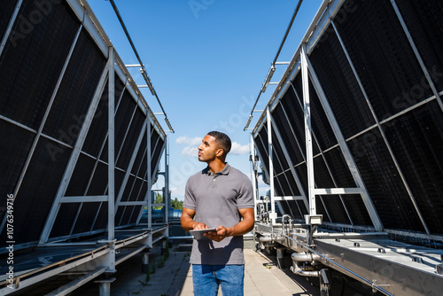 Employee with digital tablet checking refrigeration installation on rooftop photo