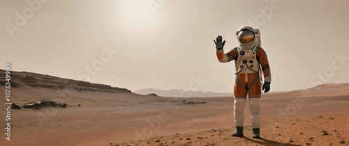 Fototapeta Naklejka Na Ścianę i Meble -  Astronaut waving to spaceship on Mars horizon