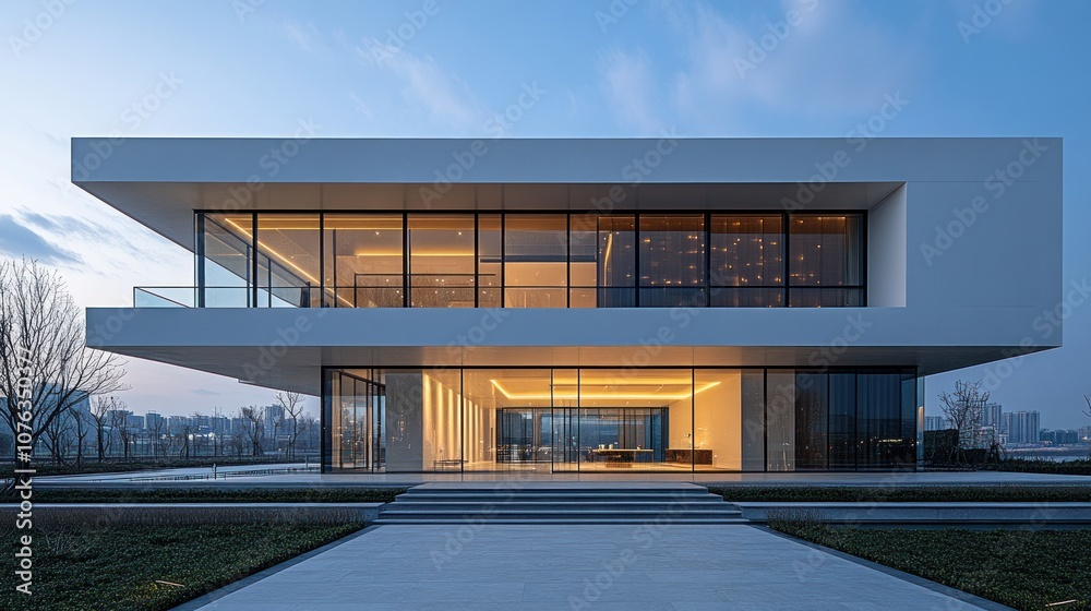 Modern two-story house with glass windows and a walkway leading up to the entrance. Modern two-story house with glass windows and a walkway leading up to the entrance.