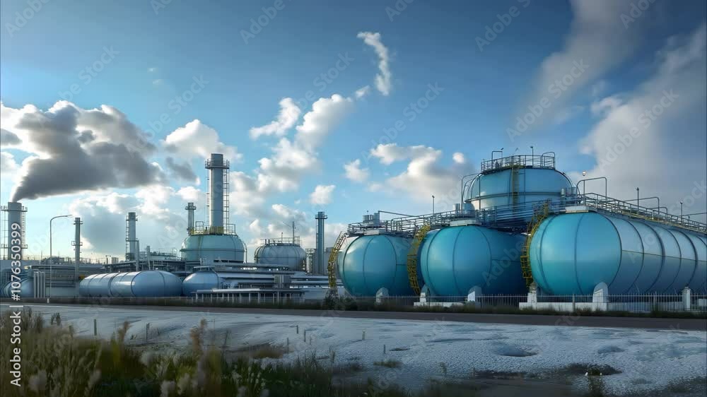 A large industrial facility with storage tanks and smokestacks under a cloudy sky.