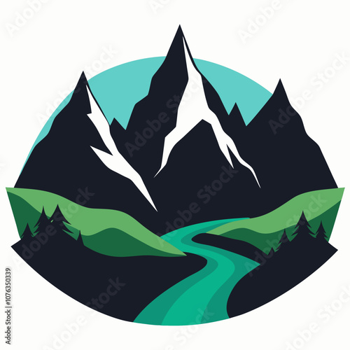 Mountain valley silhouette vector illustration on white background