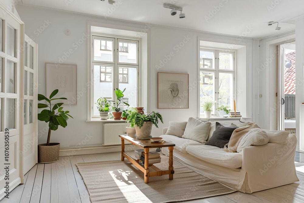 Scandinavian Living Room with White Walls and Soft Beige Sofa Scandinavian Living Room with White Walls and Soft Beige Sofa