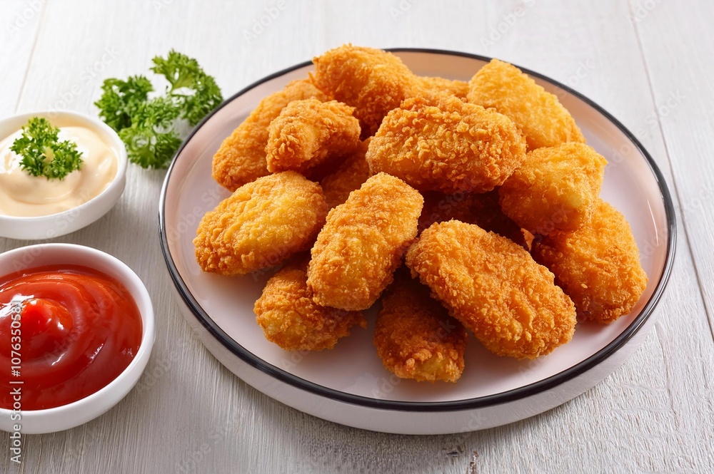 Fried crispy chicken nuggets with ketchup in white board on white marble table background Fried crispy chicken nuggets with ketchup in white board on white marble table background