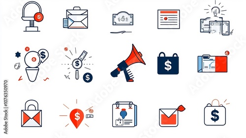 featuring a set of icons representing key elements of fundraising and donation campaigns including a megaphone money symbol and partnership symbol Designed for use in advertising marketing