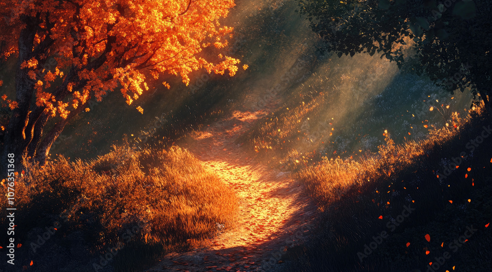 Ethereal Autumn Forest Trail with Sunlight Highlighting the Path Ethereal Autumn Forest Trail with Sunlight Highlighting the Path