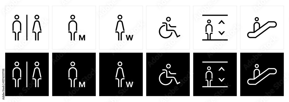 Restroom icon set. male and female toilet symbols. disabled icon. gender icon. restroom pictogram. Elevator and Escalator public signage. WC signage	
