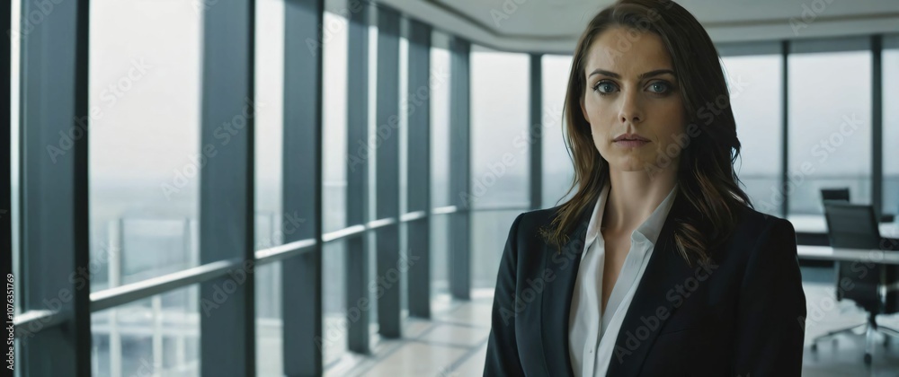 A sharp beautiful eyed businesswoman standing confidently in a modern glass walled boardroom A sharp beautiful eyed businesswoman standing confidently in a modern glass walled boardroom